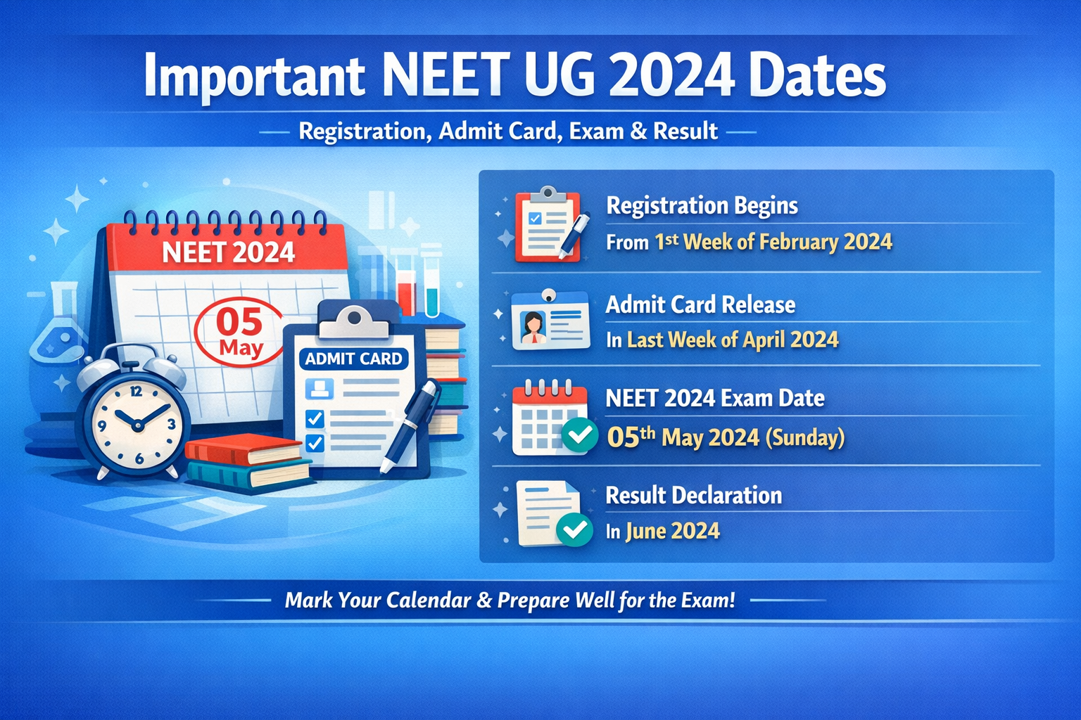 Important NEET UG 2024 Dates — Registration, Admit Card, Exam & Result